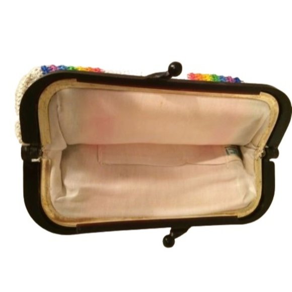 MCI Rainbow Clutch Vintage Bag white raffia Plastic Frame Handle Retro Original - Picture 4 of 5